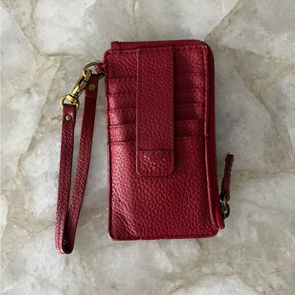 FOSSIL Red Pebbled Leather Wristlet Wallet with with brass hardware!